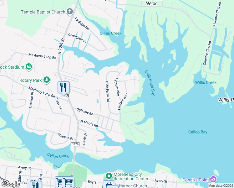 map of restaurants, bars, coffee shops, grocery stores, and more near 1309 Fathom Way in Morehead City