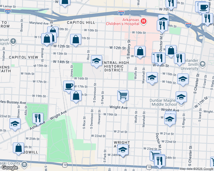 map of restaurants, bars, coffee shops, grocery stores, and more near in Little Rock
