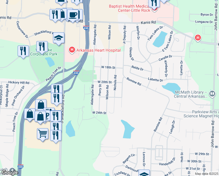 map of restaurants, bars, coffee shops, grocery stores, and more near 2001 Wilson Road in Little Rock