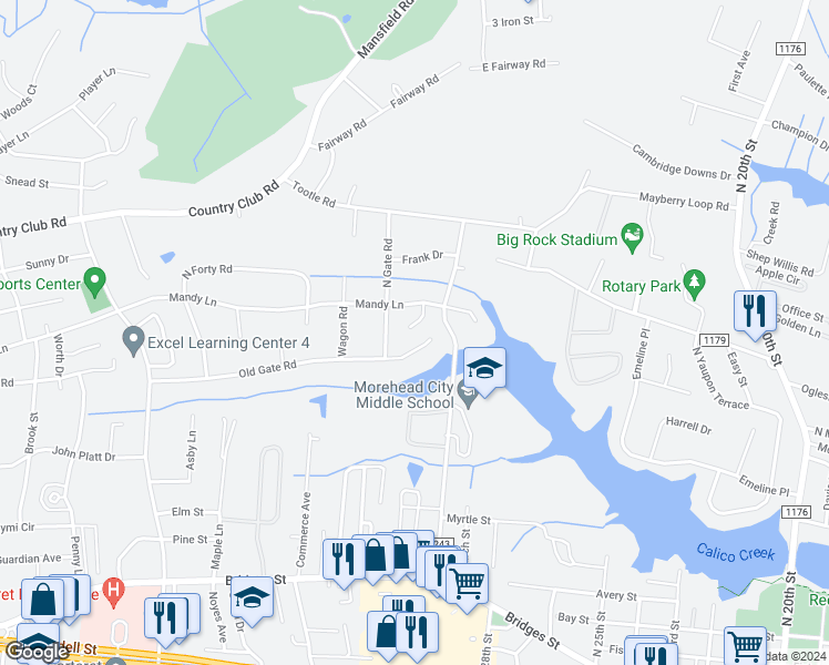 map of restaurants, bars, coffee shops, grocery stores, and more near 604 Mandy Court in Morehead City