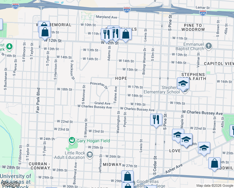 map of restaurants, bars, coffee shops, grocery stores, and more near 4423 West 17th Street in Little Rock