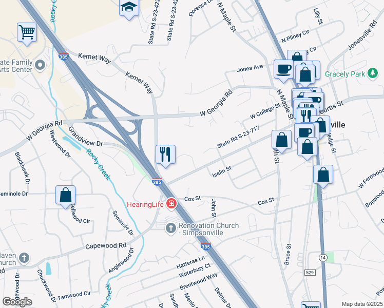 map of restaurants, bars, coffee shops, grocery stores, and more near 104 Woodside Park Drive in Simpsonville