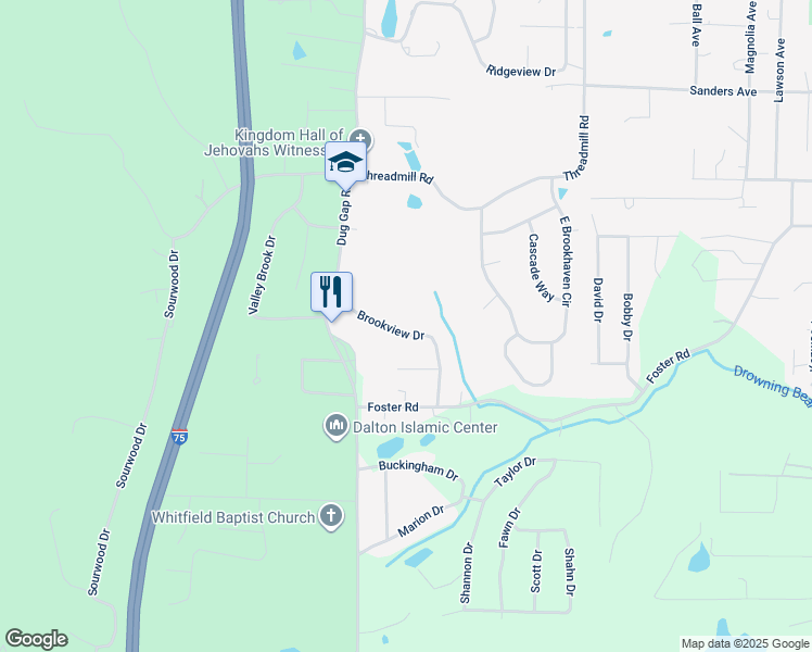 map of restaurants, bars, coffee shops, grocery stores, and more near 2017 Brookview Drive in Dalton