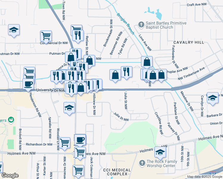map of restaurants, bars, coffee shops, grocery stores, and more near 3788 University Dr NW in Huntsville
