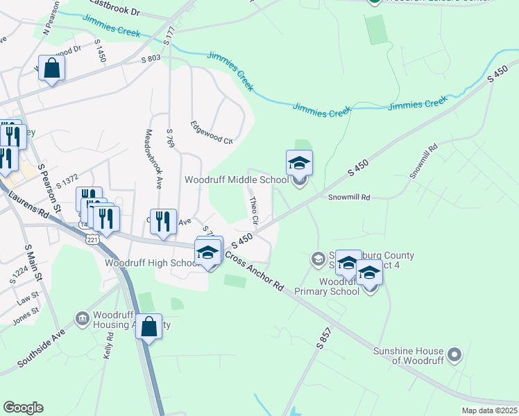 map of restaurants, bars, coffee shops, grocery stores, and more near 234 Theo Circle in Woodruff