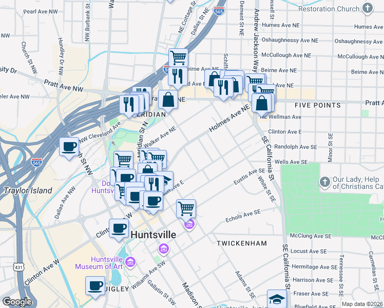 map of restaurants, bars, coffee shops, grocery stores, and more near in Huntsville