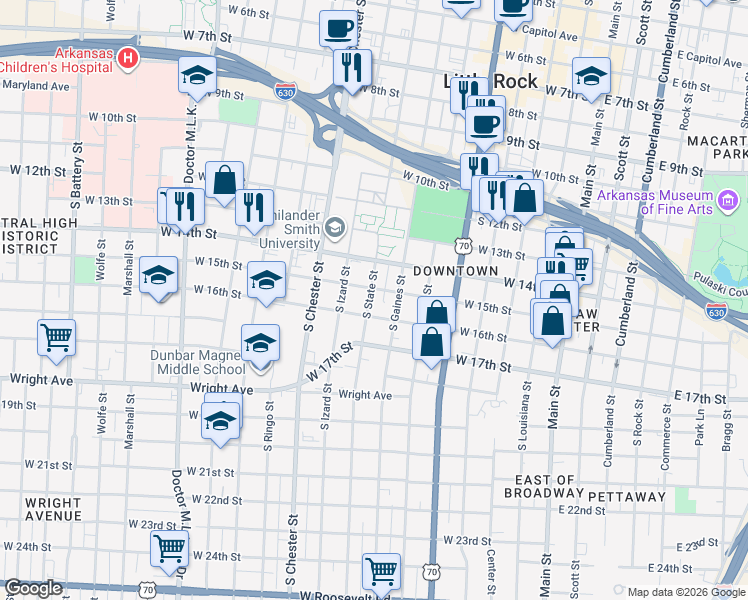 map of restaurants, bars, coffee shops, grocery stores, and more near 723 West 15th Street in Little Rock