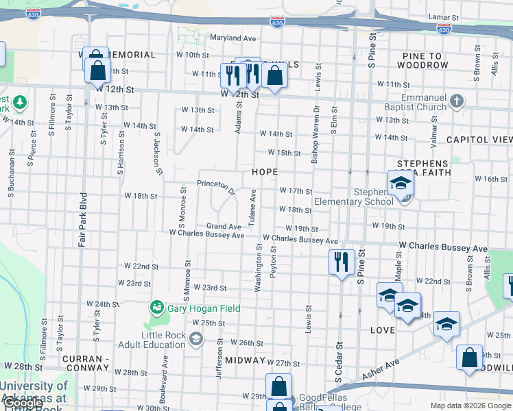 map of restaurants, bars, coffee shops, grocery stores, and more near 4423 West 17th Street in Little Rock