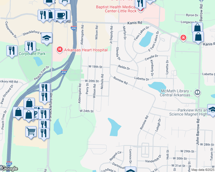 map of restaurants, bars, coffee shops, grocery stores, and more near 10005 West 20th Street in Little Rock