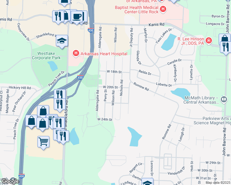 map of restaurants, bars, coffee shops, grocery stores, and more near 2001 Wilson Road in Little Rock