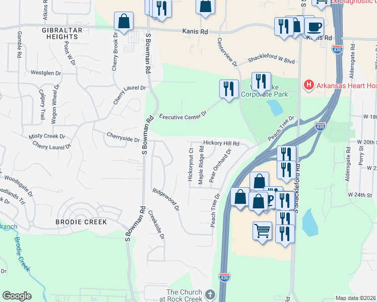 map of restaurants, bars, coffee shops, grocery stores, and more near 11615 Hickory Hill Road in Little Rock