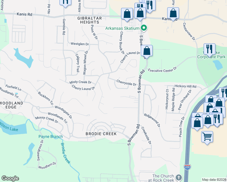 map of restaurants, bars, coffee shops, grocery stores, and more near 2010 Brookford Drive in Little Rock