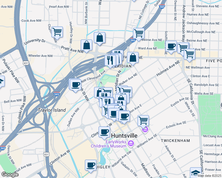 map of restaurants, bars, coffee shops, grocery stores, and more near 415 Meridian Street North in Huntsville