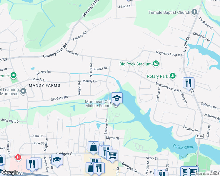 map of restaurants, bars, coffee shops, grocery stores, and more near 2909 Mandy Lane in Morehead City