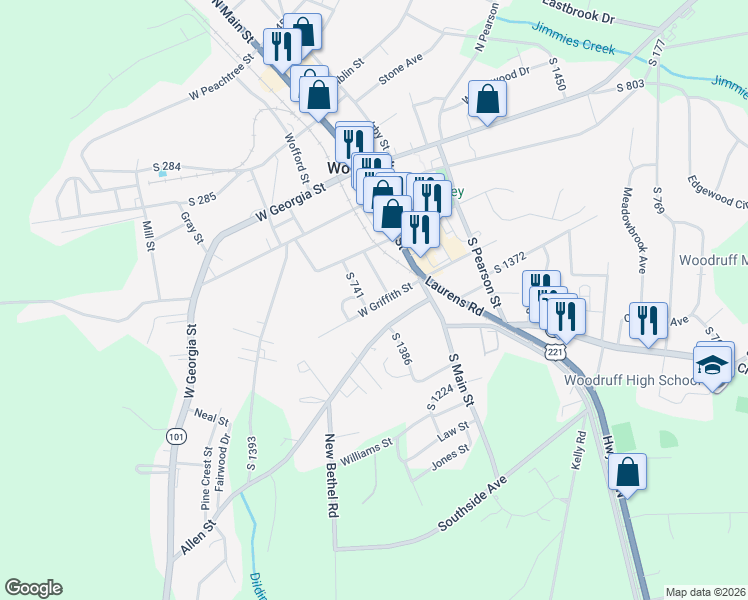 map of restaurants, bars, coffee shops, grocery stores, and more near 354 Hughes Street in Woodruff