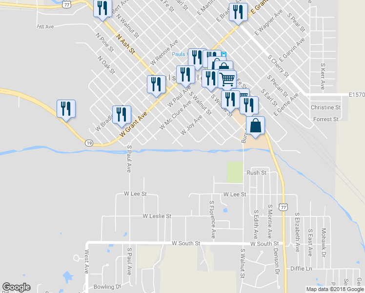 map of restaurants, bars, coffee shops, grocery stores, and more near 399 South Oak Street in Pauls Valley