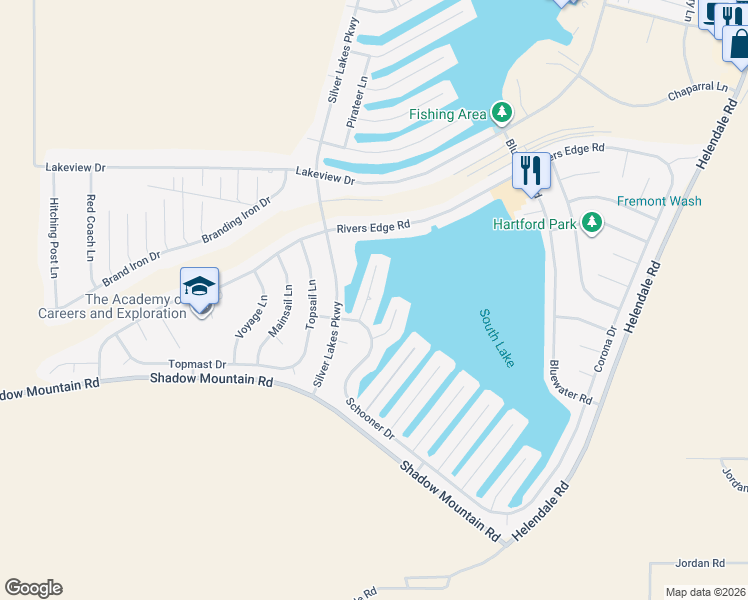 map of restaurants, bars, coffee shops, grocery stores, and more near 26621 Mariner Lane in Helendale