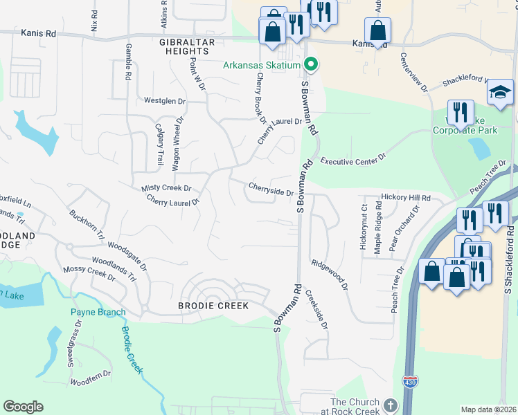 map of restaurants, bars, coffee shops, grocery stores, and more near 1917 Cherrybend Drive in Little Rock