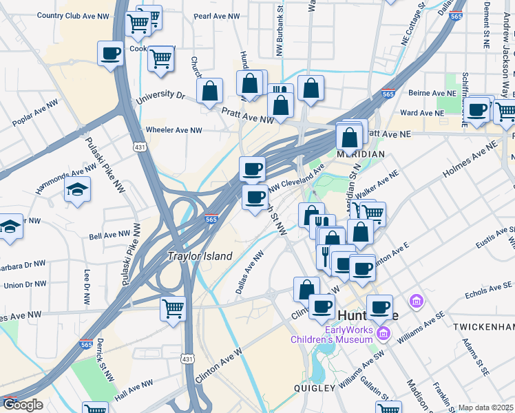 map of restaurants, bars, coffee shops, grocery stores, and more near 415-H Church Street Northwest in Huntsville