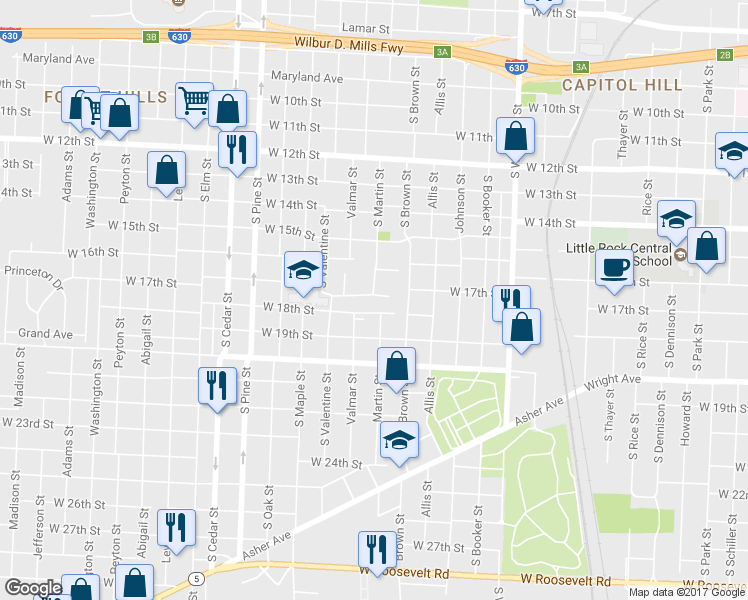 map of restaurants, bars, coffee shops, grocery stores, and more near 1617 South Martin Street in Little Rock