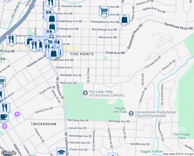 map of restaurants, bars, coffee shops, grocery stores, and more near 1316 Randolph Avenue Southeast in Huntsville
