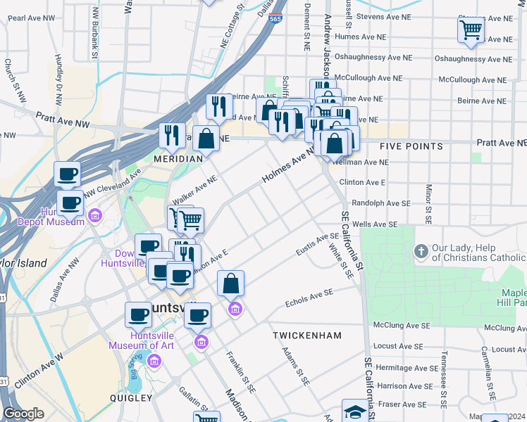 map of restaurants, bars, coffee shops, grocery stores, and more near 109 Calhoun Street Northeast in Huntsville