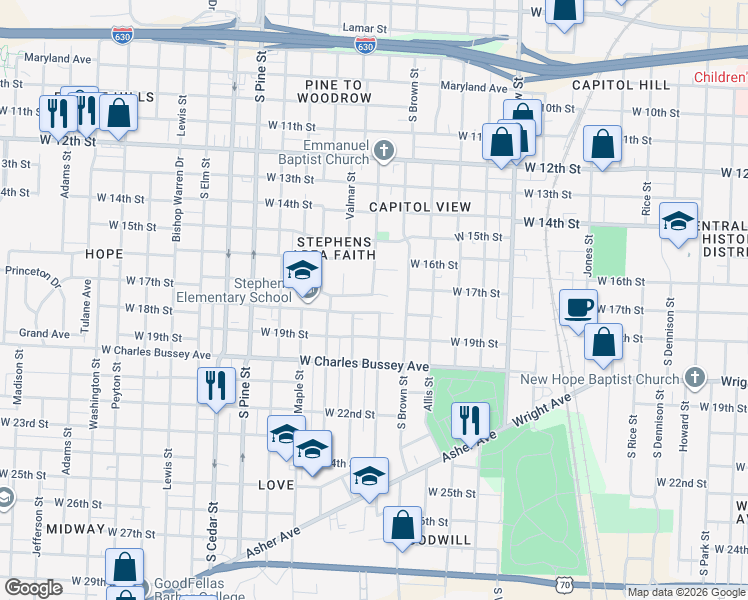 map of restaurants, bars, coffee shops, grocery stores, and more near 1617 South Martin Street in Little Rock