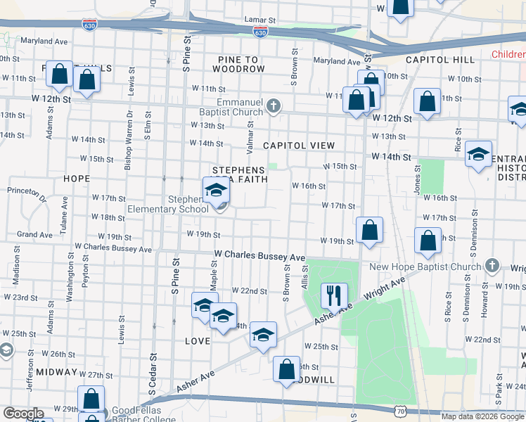 map of restaurants, bars, coffee shops, grocery stores, and more near 1617 South Martin Street in Little Rock