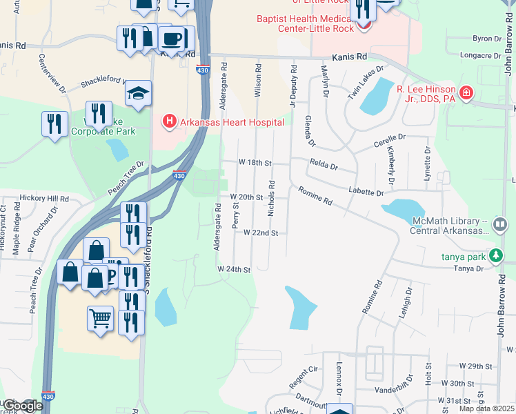 map of restaurants, bars, coffee shops, grocery stores, and more near 2001 Wilson Road in Little Rock