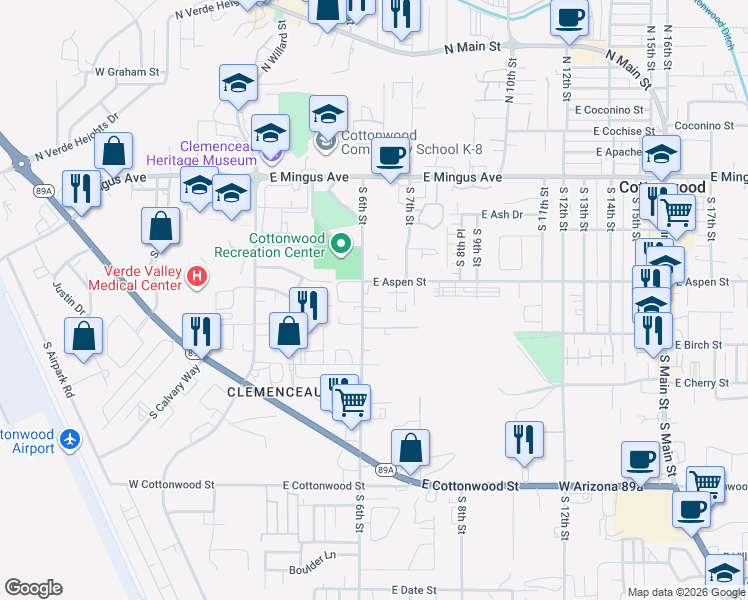 map of restaurants, bars, coffee shops, grocery stores, and more near 220 South 6th Street in Cottonwood