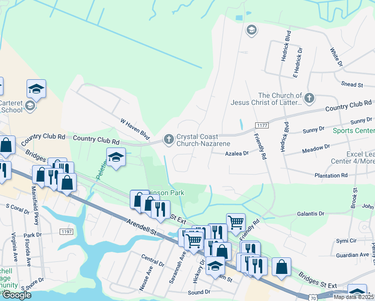 map of restaurants, bars, coffee shops, grocery stores, and more near 572 Robin Road in Morehead City