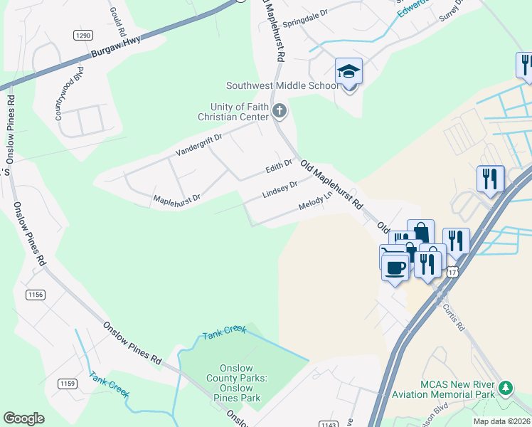 map of restaurants, bars, coffee shops, grocery stores, and more near 122 Melody Lane in Jacksonville