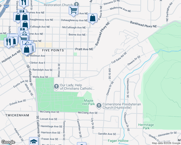map of restaurants, bars, coffee shops, grocery stores, and more near 1708 Randolph Avenue Southeast in Huntsville