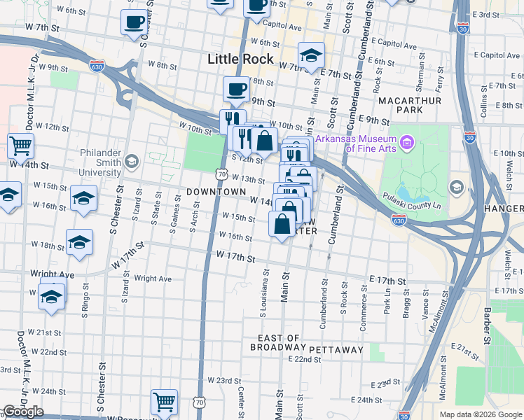 map of restaurants, bars, coffee shops, grocery stores, and more near 1400 Center Street in Little Rock