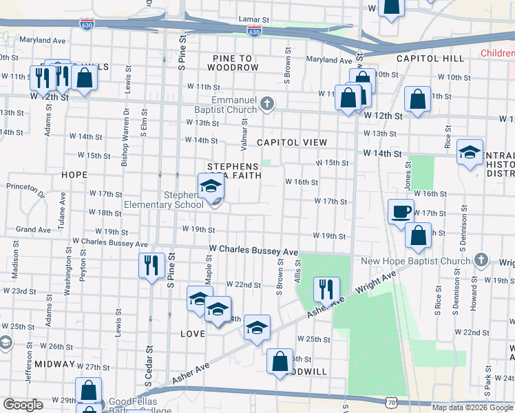 map of restaurants, bars, coffee shops, grocery stores, and more near 1617 South Martin Street in Little Rock