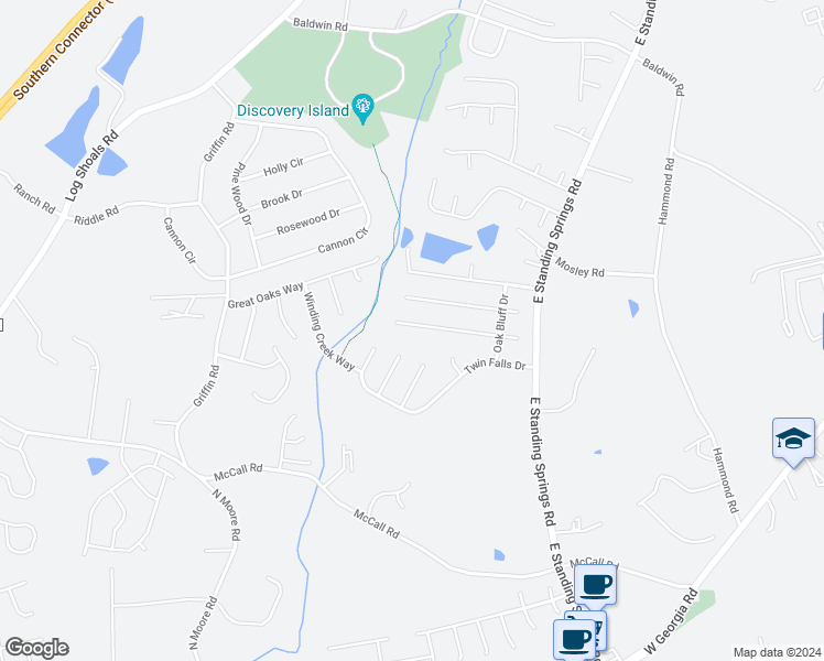 map of restaurants, bars, coffee shops, grocery stores, and more near 135 West Fall River Way in Simpsonville