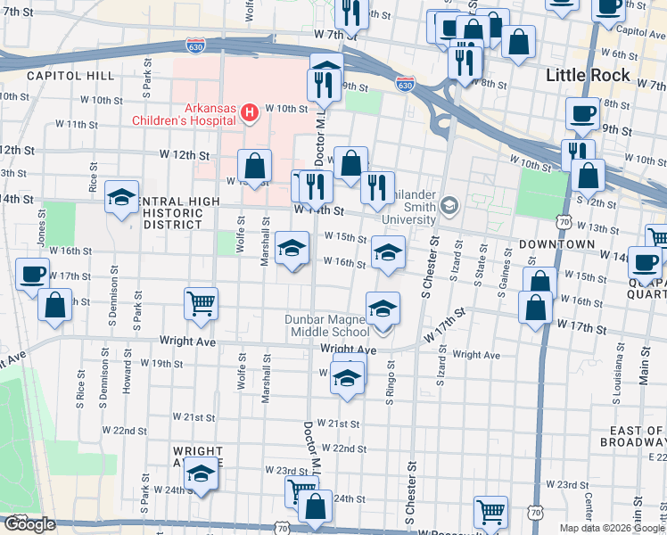 map of restaurants, bars, coffee shops, grocery stores, and more near 1323 West 16th Street in Little Rock