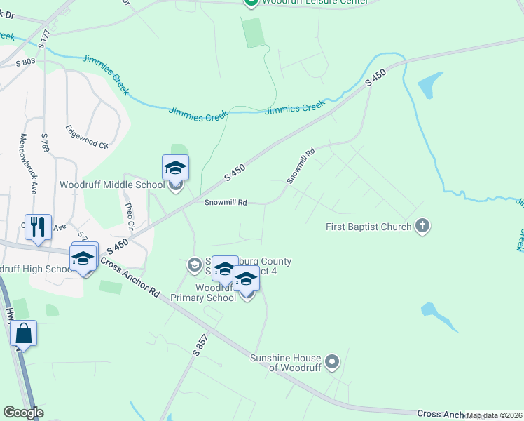 map of restaurants, bars, coffee shops, grocery stores, and more near 100 Pink Robinson Road in Woodruff