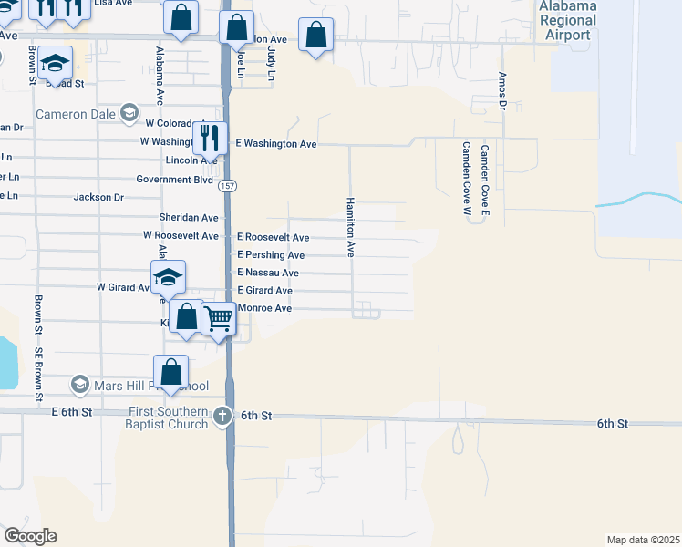 map of restaurants, bars, coffee shops, grocery stores, and more near East Nassau Avenue in Muscle Shoals