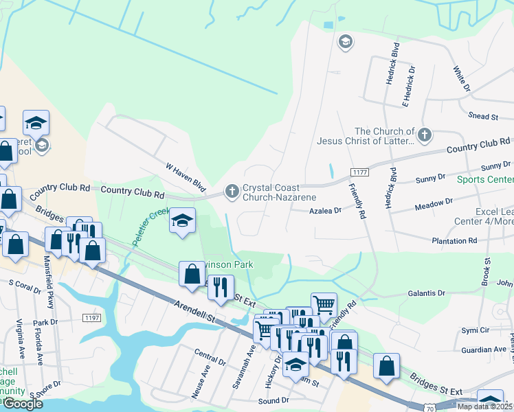 map of restaurants, bars, coffee shops, grocery stores, and more near 572 Robin Road in Morehead City