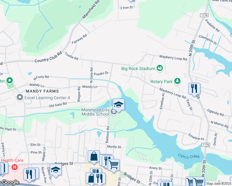 map of restaurants, bars, coffee shops, grocery stores, and more near 2905 Mandy Lane in Morehead City