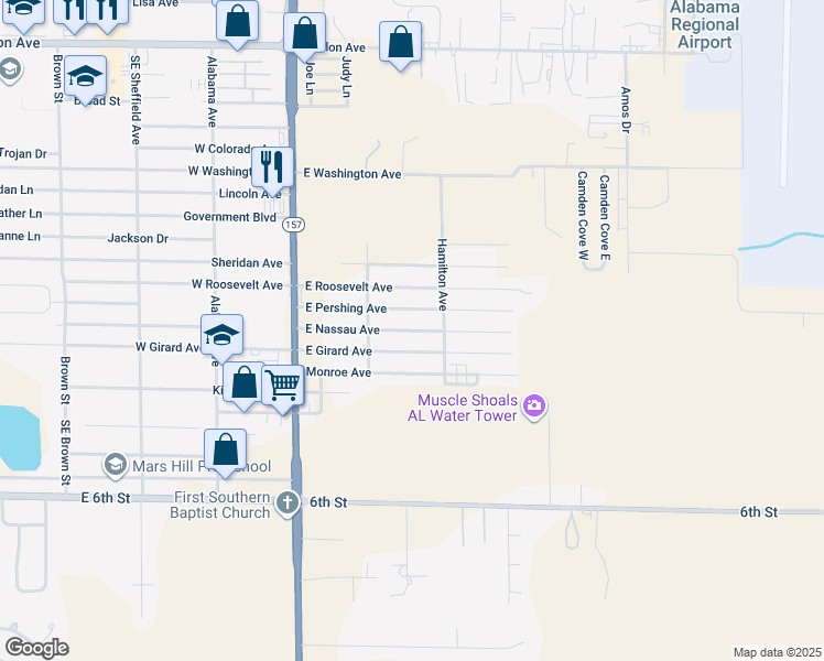 map of restaurants, bars, coffee shops, grocery stores, and more near 415 East Nassau Avenue in Muscle Shoals