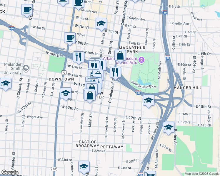 map of restaurants, bars, coffee shops, grocery stores, and more near 1320 Cumberland Street in Little Rock