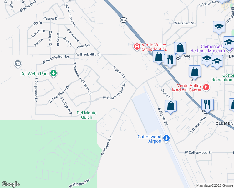 map of restaurants, bars, coffee shops, grocery stores, and more near 265 South Maverick Way in Cottonwood