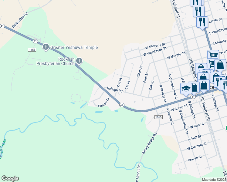 map of restaurants, bars, coffee shops, grocery stores, and more near 507 Raleigh Road in Wallace