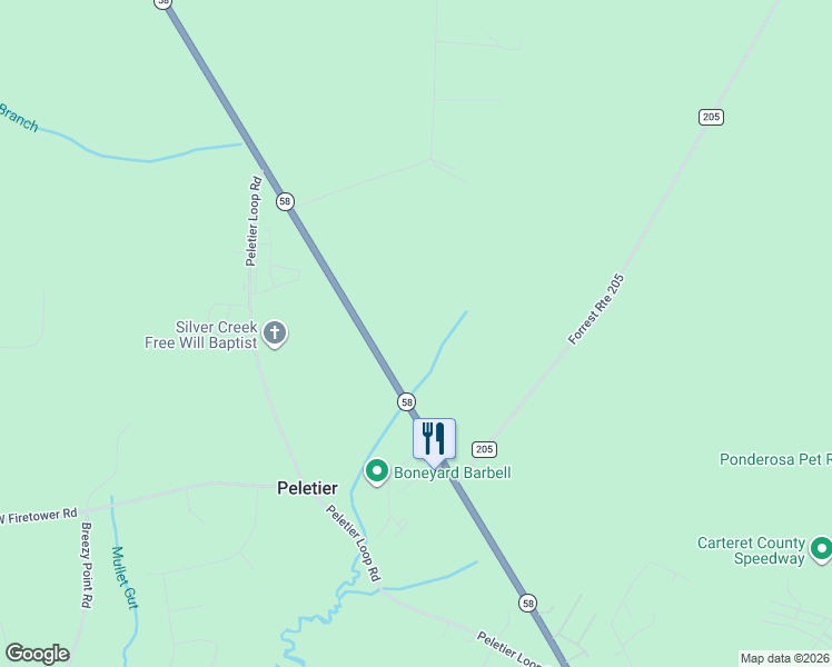 map of restaurants, bars, coffee shops, grocery stores, and more near 1770 North Carolina Highway 58 in Peletier
