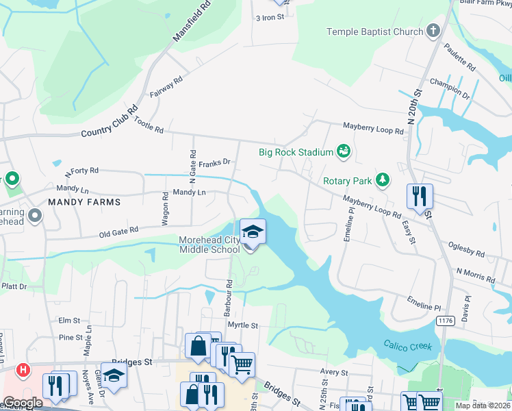 map of restaurants, bars, coffee shops, grocery stores, and more near 2902 Mandy Lane in Morehead City
