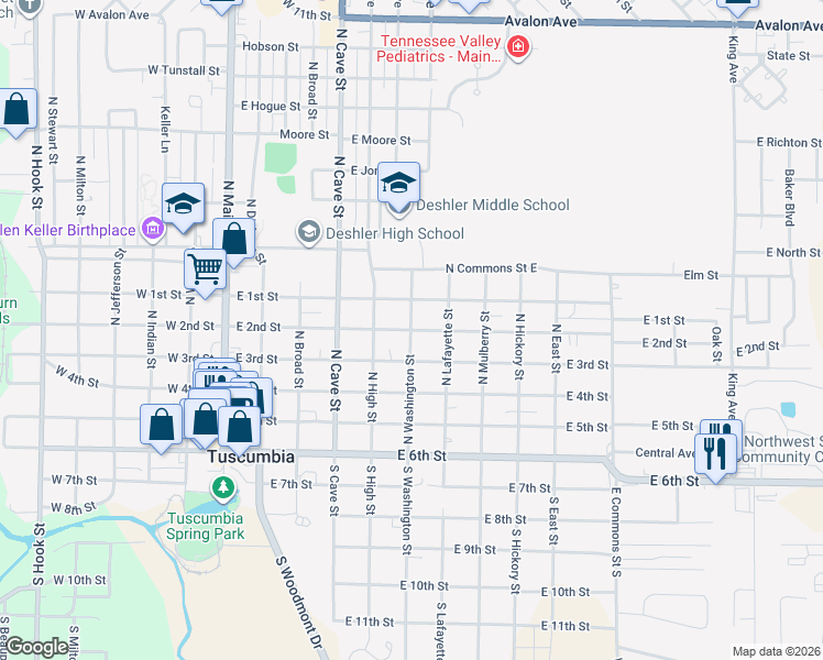 map of restaurants, bars, coffee shops, grocery stores, and more near 400 North Washington Street in Tuscumbia