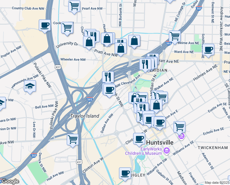 map of restaurants, bars, coffee shops, grocery stores, and more near 415 Church Street Northwest in Huntsville