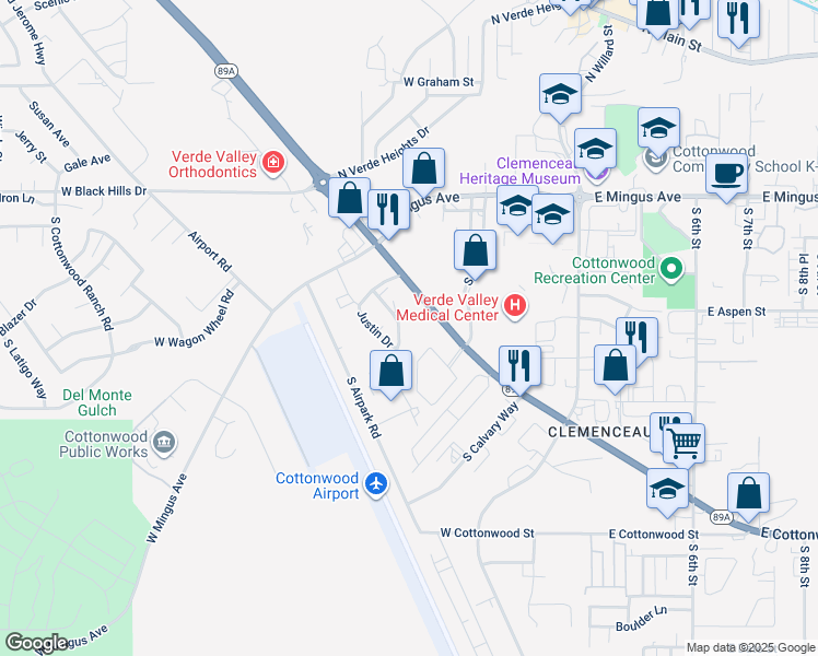 map of restaurants, bars, coffee shops, grocery stores, and more near 261 Jennifer Ln in Cottonwood